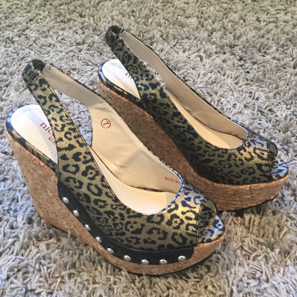 Leopard Spotted Cork Wedge Sandals
